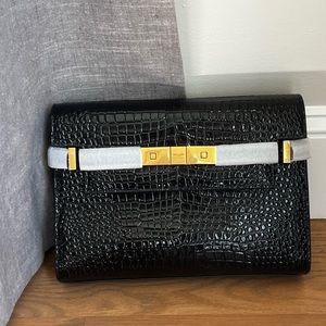 YSL Manhattan Small Black in Embossed Croc Skin